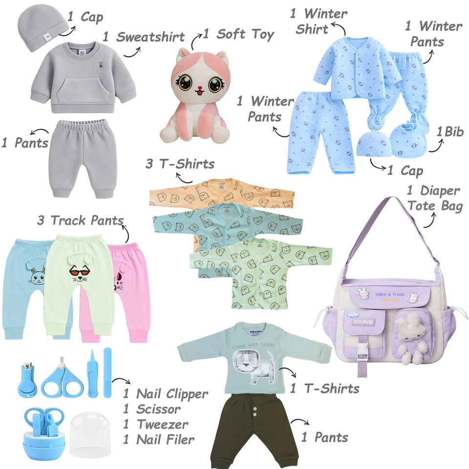Fareto Baby Boy's & Girl's Semi Winter Hospital Essential Combo for New Born | Gift Pack | Baby Products | Maternity Essentials | Bedding Set (77 Items)(0-6 Months)(F696)