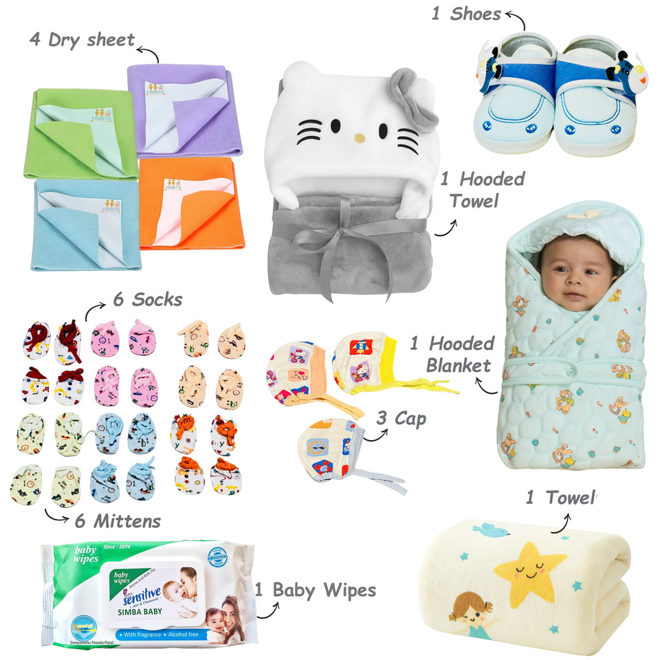 Fareto Baby Boy's & Girl's Semi Winter Hospital Essential Combo for New Born | Gift Pack | Baby Products | Maternity Essentials | Bedding Set (77 Items)(0-6 Months)(F696)