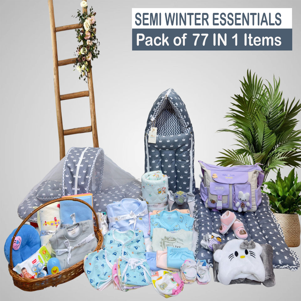 Fareto Baby Boy's & Girl's Semi Winter Hospital Essential Combo for New Born | Gift Pack | Baby Products | Maternity Essentials | Bedding Set (77 Items)(0-6 Months)(F696)