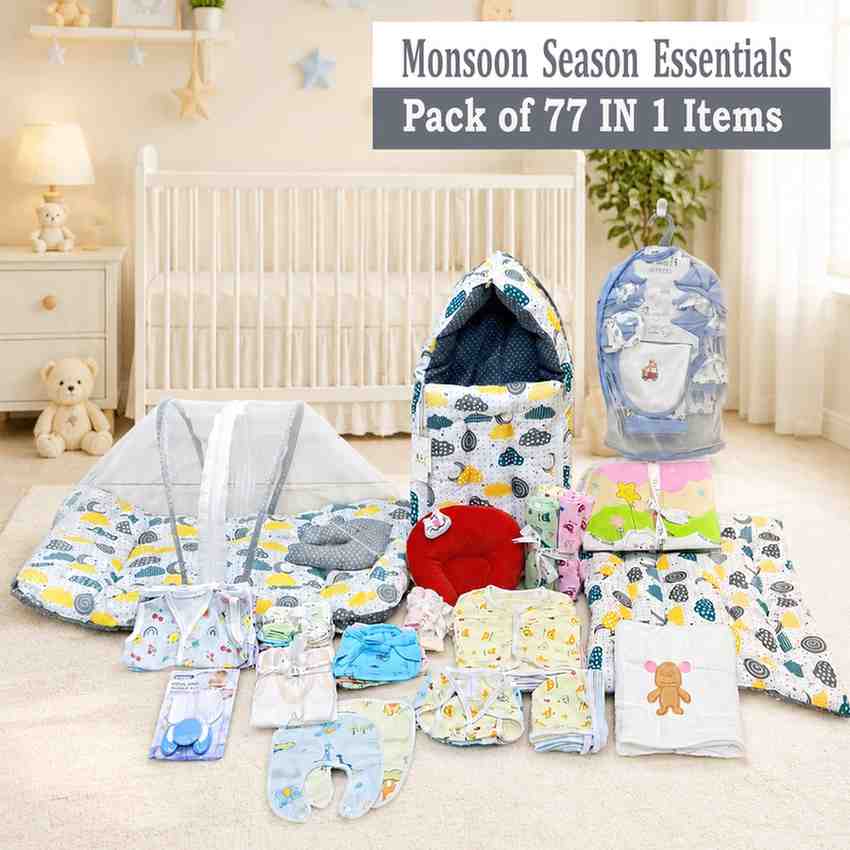 Fareto 77 in 1 New Born Baby Monsoon Season Hospital Essentials Combo, Baby Bedding & Clothing Gift Set for Newborn Boys & Girls (0-6 Months)(F771)