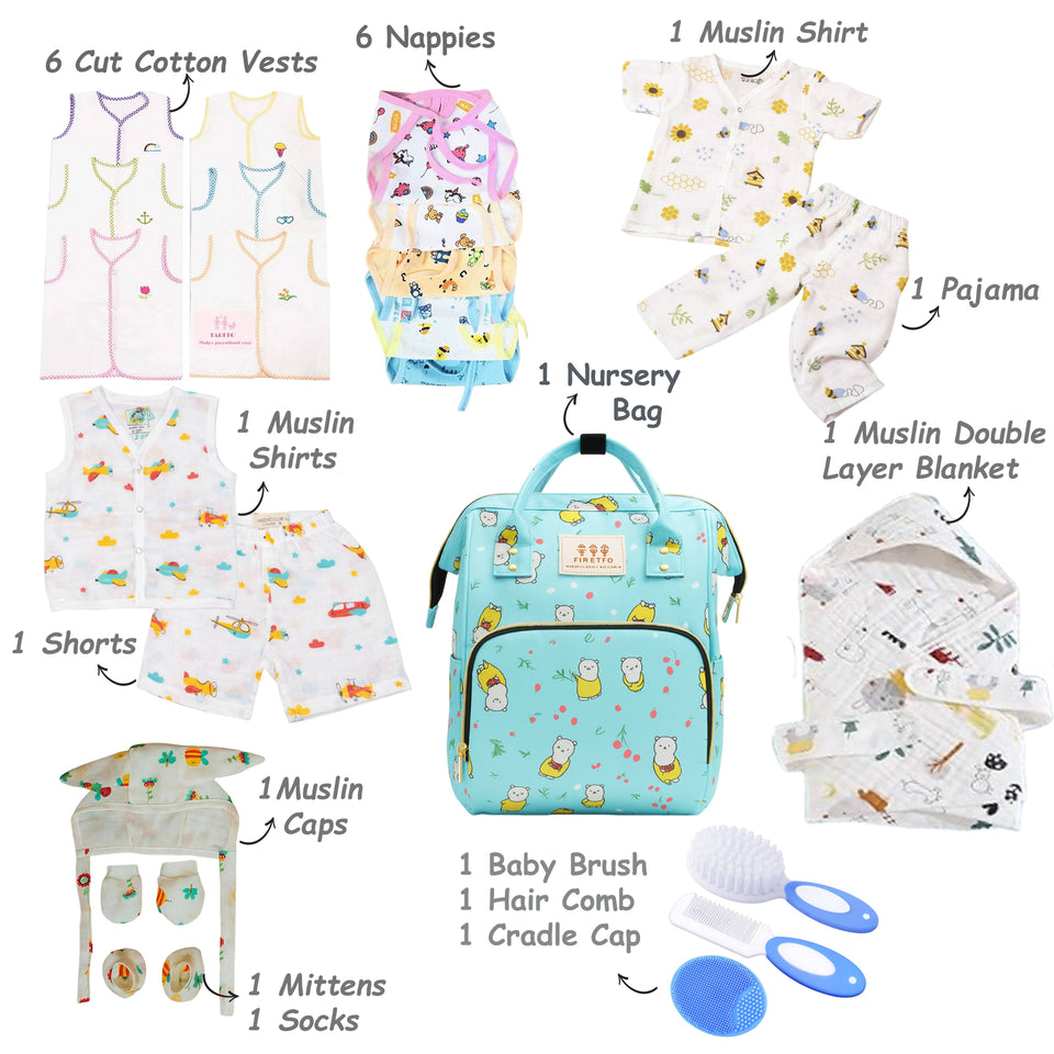 Fareto Baby Boy's & Girl's Summer Hospital Essential Combo for New Born | Gift Pack | Baby Products | Maternity Essentials | Bedding Set (71 Items)(0-6 Months)(F751)