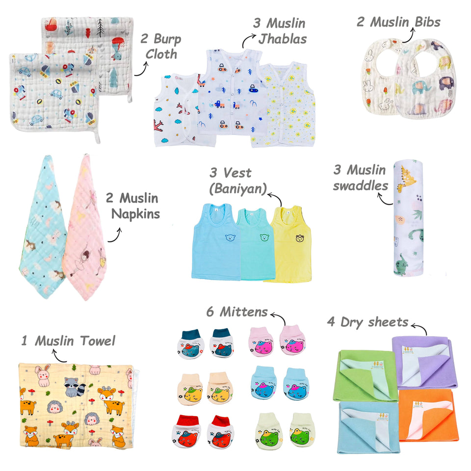 Fareto Baby Boy's & Girl's Summer Hospital Essential Combo for New Born | Gift Pack | Baby Products | Maternity Essentials | Bedding Set (71 Items)(0-6 Months)(F751)