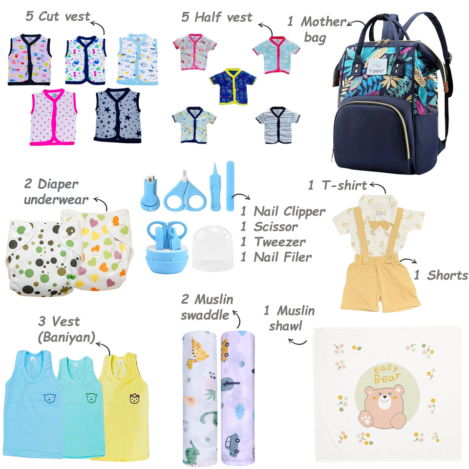 Fareto Newborn Baby Summer Hospital Essentials Combo | 78-in-1 Maternity & Bedding Gift Set (0–6 Months)(F701)