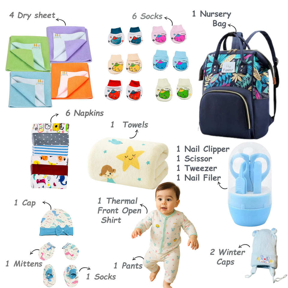 Fareto Baby Winter Essential Combo For New Born | Gift Pack | Baby Products | Maternity Essentials | Bedding Set (79 Items)(0-6 Months)(F652)