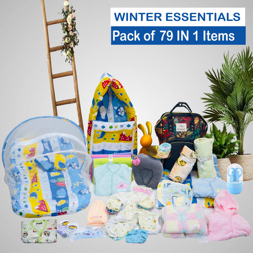 Fareto Baby Winter Essential Combo For New Born | Gift Pack | Baby Products | Maternity Essentials | Bedding Set (79 Items)(0-6 Months)(F658)