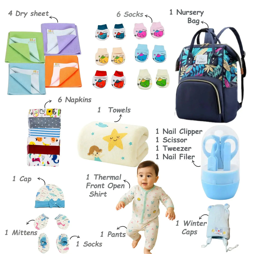 Fareto Baby Winter Essential Combo For New Born | Gift Pack | Baby Products | Maternity Essentials | Bedding Set (79 Items)(0-6 Months)
