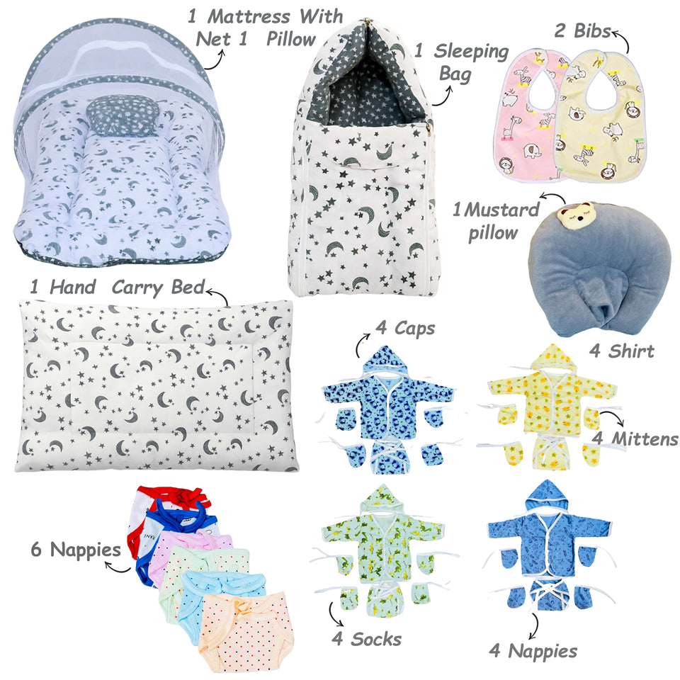 Fareto Baby Winter Essential Combo For New Born | Gift Pack | Baby Products | Maternity Essentials | Bedding Set (79 Items)(0-6 Months)(F652)