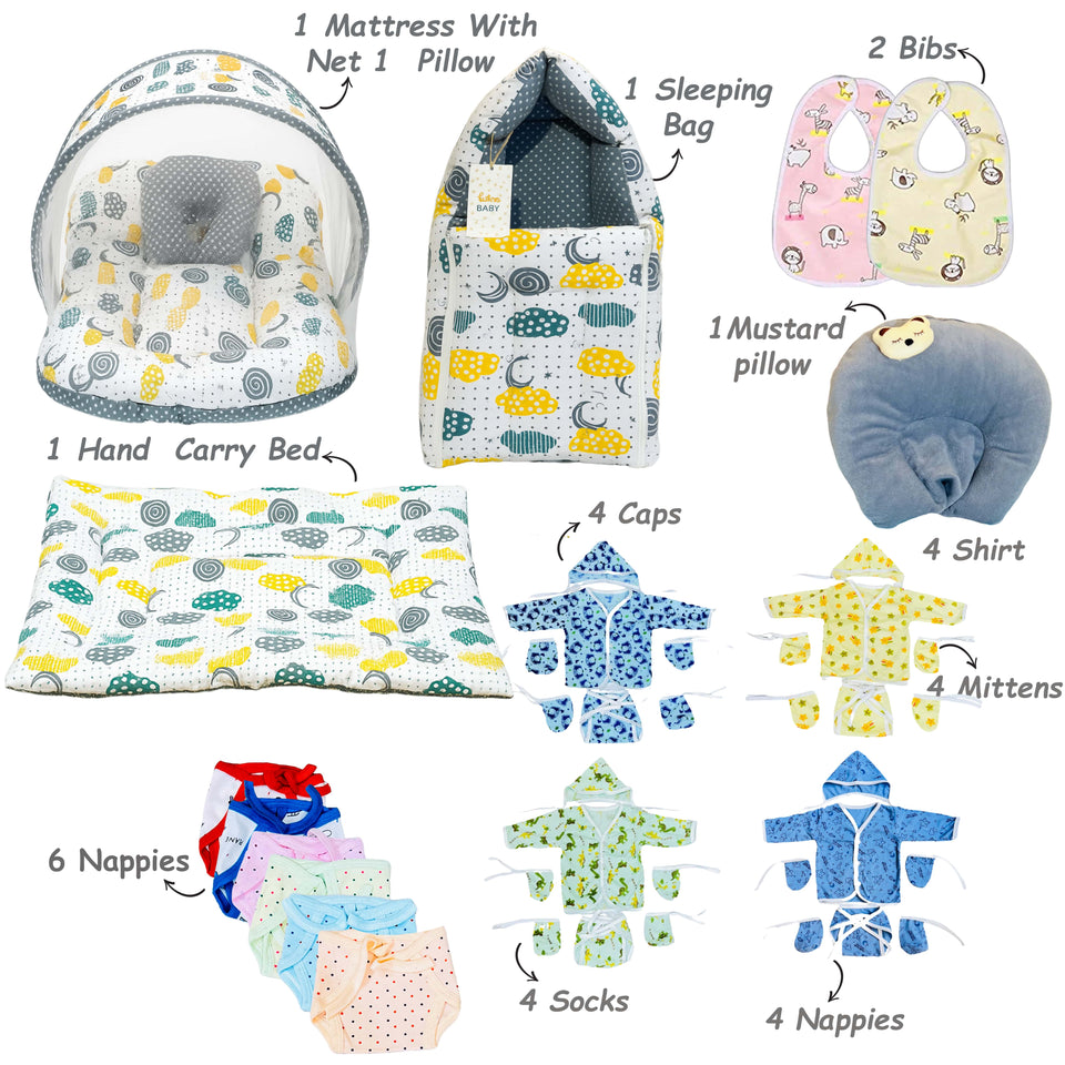 Fareto Baby Winter Essential Combo For New Born | Gift Pack | Baby Products | Maternity Essentials | Bedding Set (79 Items)(0-6 Months)