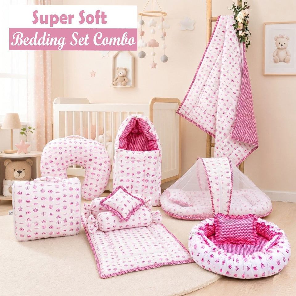 FARETO BABY BEDDING ESSENTIALS 1 NEST | 1 MATTRESS WITH NET | 1 CARRY BED | 1 BOLSTER SET | 1 CARRY BAG | 1 PORTABLE BED | 1 FEEDING PILLOW | 1 BLANKET (0-6M)(PINK TAJ)(F580)