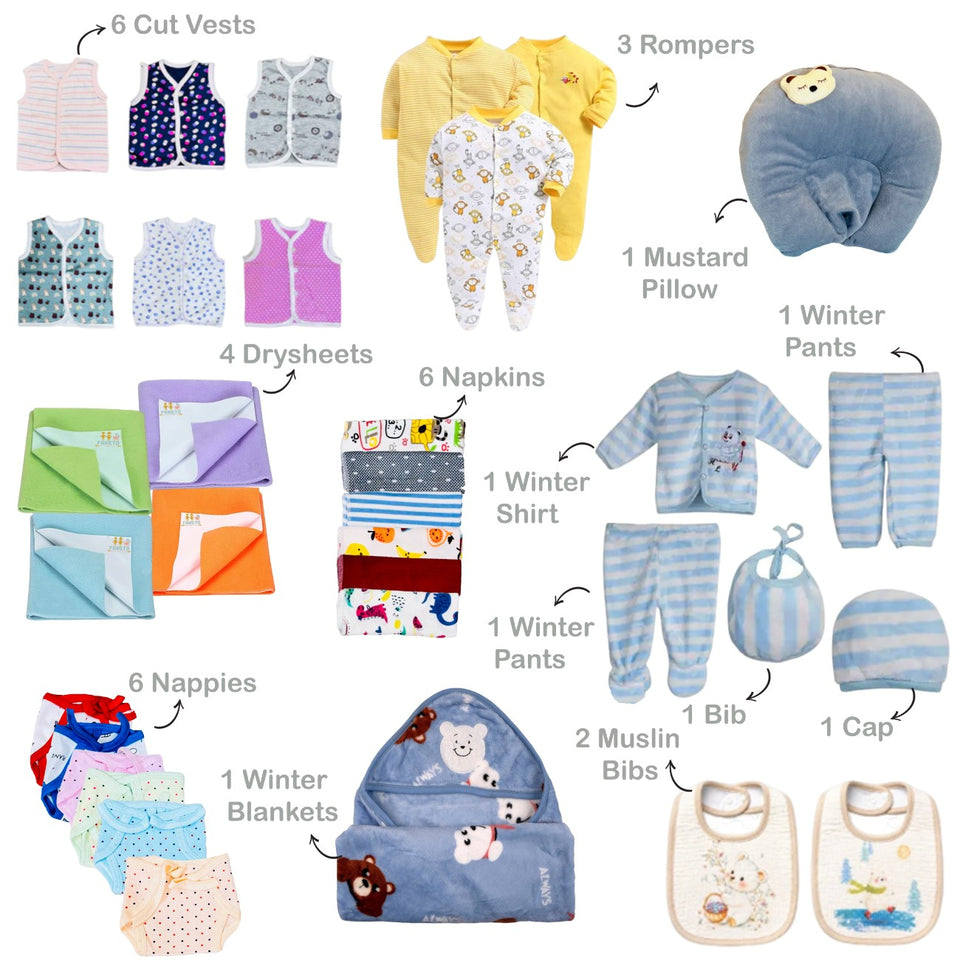Fareto Premium Newborn Baby Hospital Winter Essentials Combo | 80 in 1 Baby Gift Pack | Maternity Essentials & Bedding Set | 0–6 Months(F809)