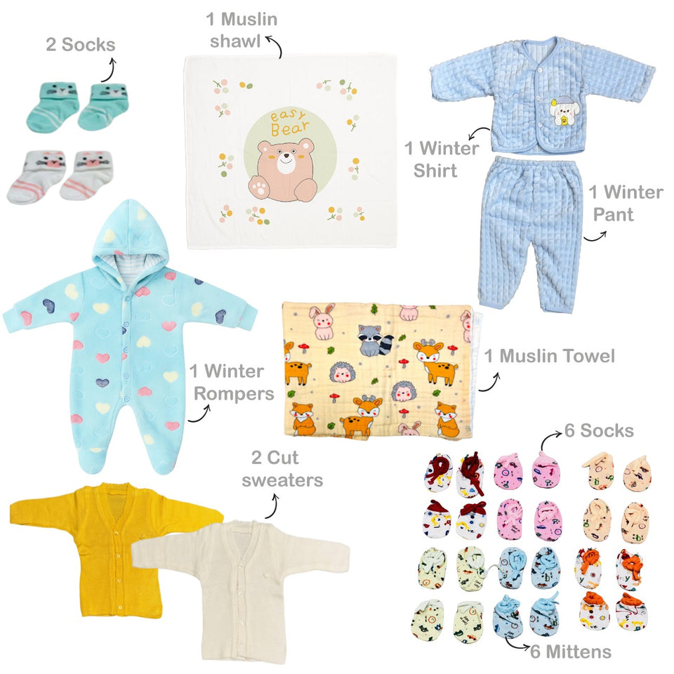 Fareto Premium Newborn Baby Hospital Winter Essentials Combo | 80 in 1 Baby Gift Pack | Maternity Essentials & Bedding Set | 0–6 Months(F809)