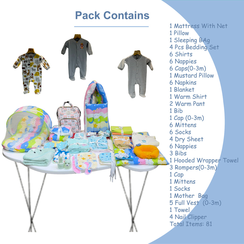 FARETO NEW BORN BABY MONSOON AND SEMI WINTER SEASON HOSPITAL ESSENTIALS 81 IN 1 (0-6 MONTHS)