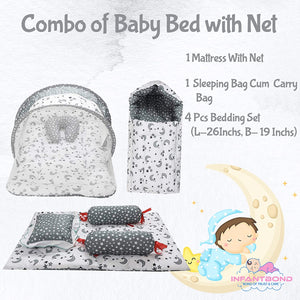 Fareto Combo of Baby Bed with Net | Carry Bag | 4 Pcs Bedding Set (0-6 Months)