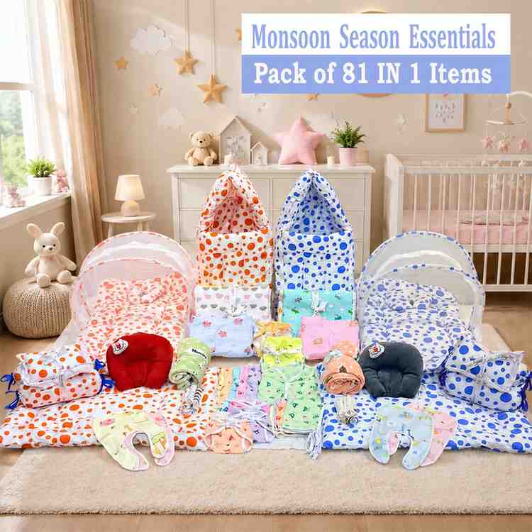 Fareto New Born Baby Hospital Essentials Twins Pack – Monsoon Season | 81-in-1 Complete Baby Gift Set with Bedding & Clothing | Soft Cotton Newborn Kit for Boys & Girls | 0–6 Months(F230)