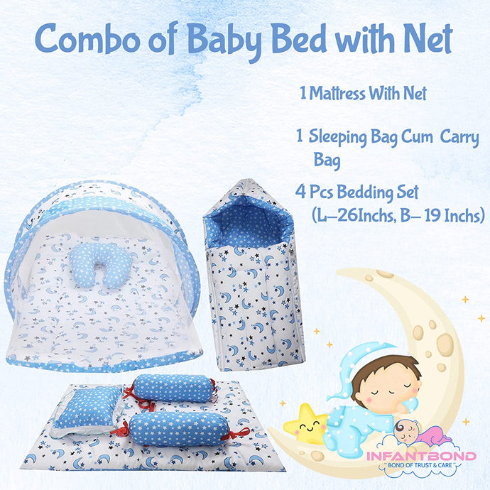 Fareto Combo of Baby Bed with Net | Carry Bag | 4 Pcs Bedding Set (0-6 Months)