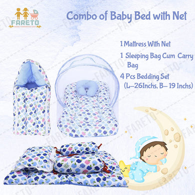 Fareto Combo of Baby Mattress with Net | Sleeping Bag | 4 Pcs Bedding Set(0-6 Months)