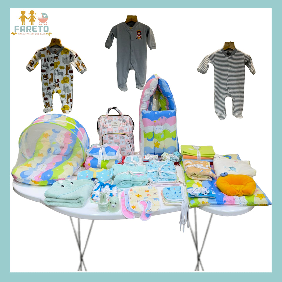 FARETO NEW BORN BABY MONSOON AND SEMI WINTER SEASON HOSPITAL ESSENTIALS 81 IN 1 (0-6 MONTHS)