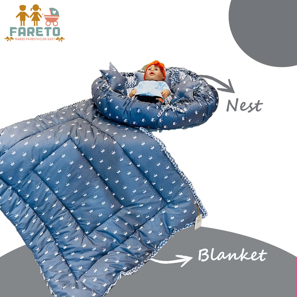 Fareto Baby bedding Essentials 1 Nest | 1 Mattress with net | 1 Carry bed | 1 Bolster set | 1 Carry bag | 1 Portable bed | 1 Feeding pillow | 1 Blanket (0-6M)