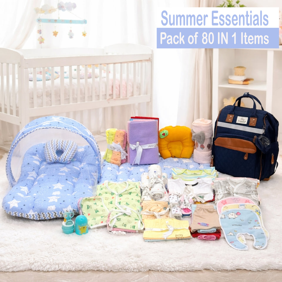 FARETO PREMIUM QUALITY BABY SUMMER ESSENTIALS 80 IN 1 NEW COMBO (0-6MONTHS)(F368)