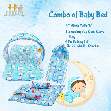 Fareto Combo of Baby Mattress with Net | Sleeping Bag | 4 Pcs Bedding Set(0-6 Months)