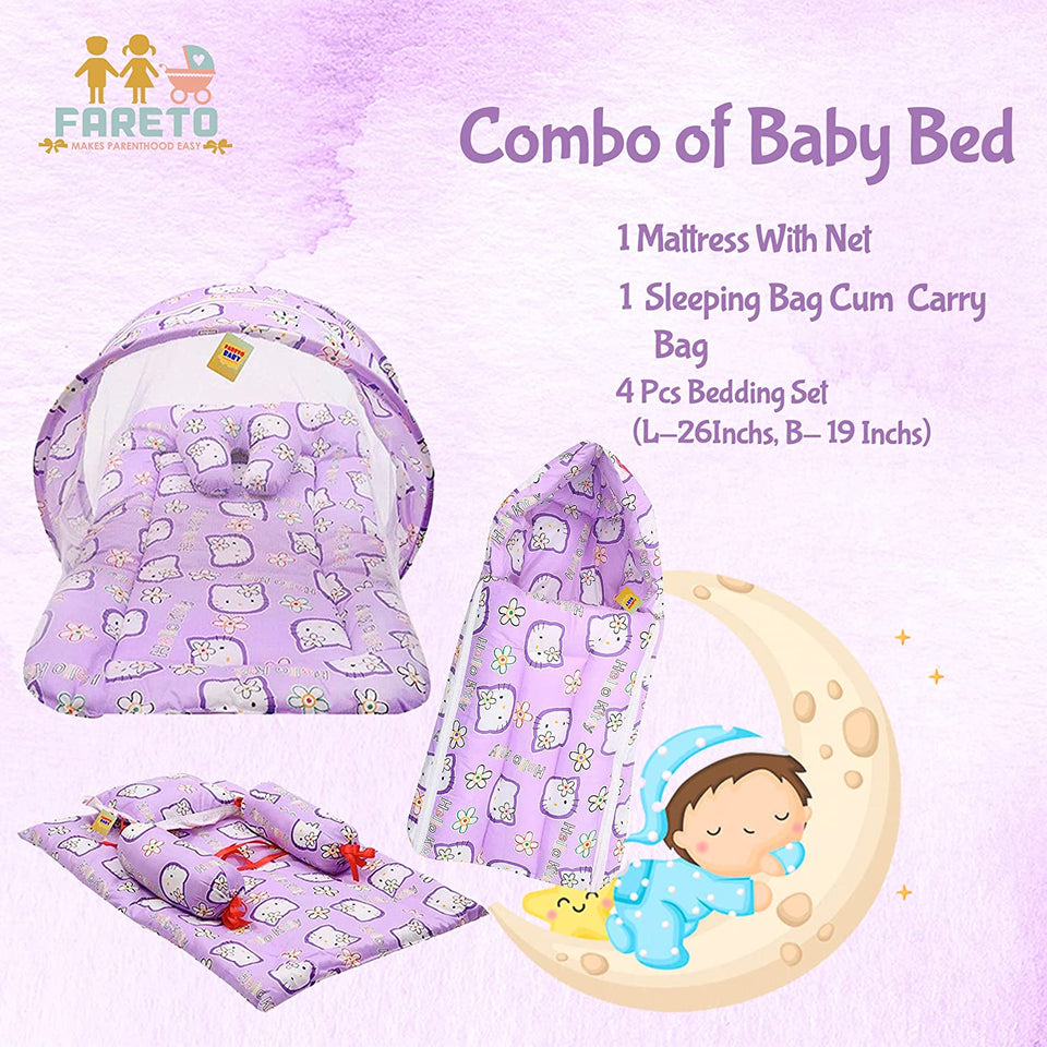 Fareto Combo of Baby Mattress with Net | Sleeping Bag | 4 Pcs Bedding Set(0-6 Months)