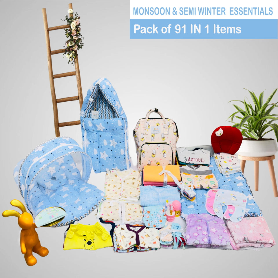Fareto Baby Boy's & Girl's Semi Winter Hospital Essential Combo for New Born | Gift Pack | Baby Products | Maternity Essentials | Bedding Set (91 Items)(0-6 Months)(F617)