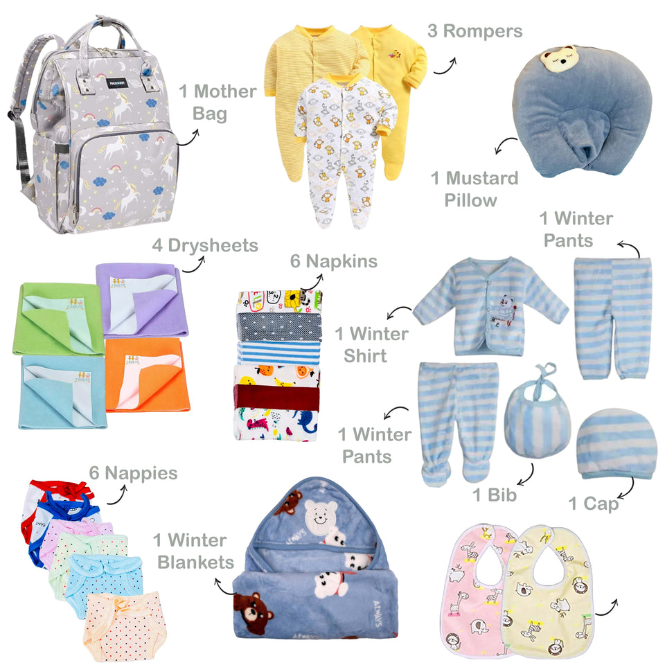 Fareto Baby Boy's & Girl's Semi Winter Hospital Essential Combo for New Born | Gift Pack | Baby Products | Maternity Essentials | Bedding Set (91 Items)(0-6 Months)(F617)