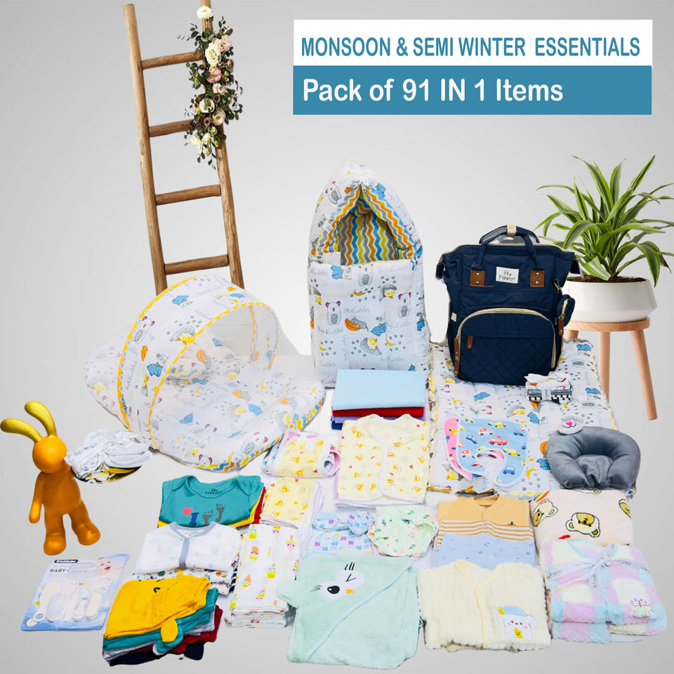 Fareto Baby Boy's & Girl's Semi Winter Hospital Essential Combo for New Born | Gift Pack | Baby Products | Maternity Essentials | Bedding Set (91 Items)(0-6 Months)(F634)