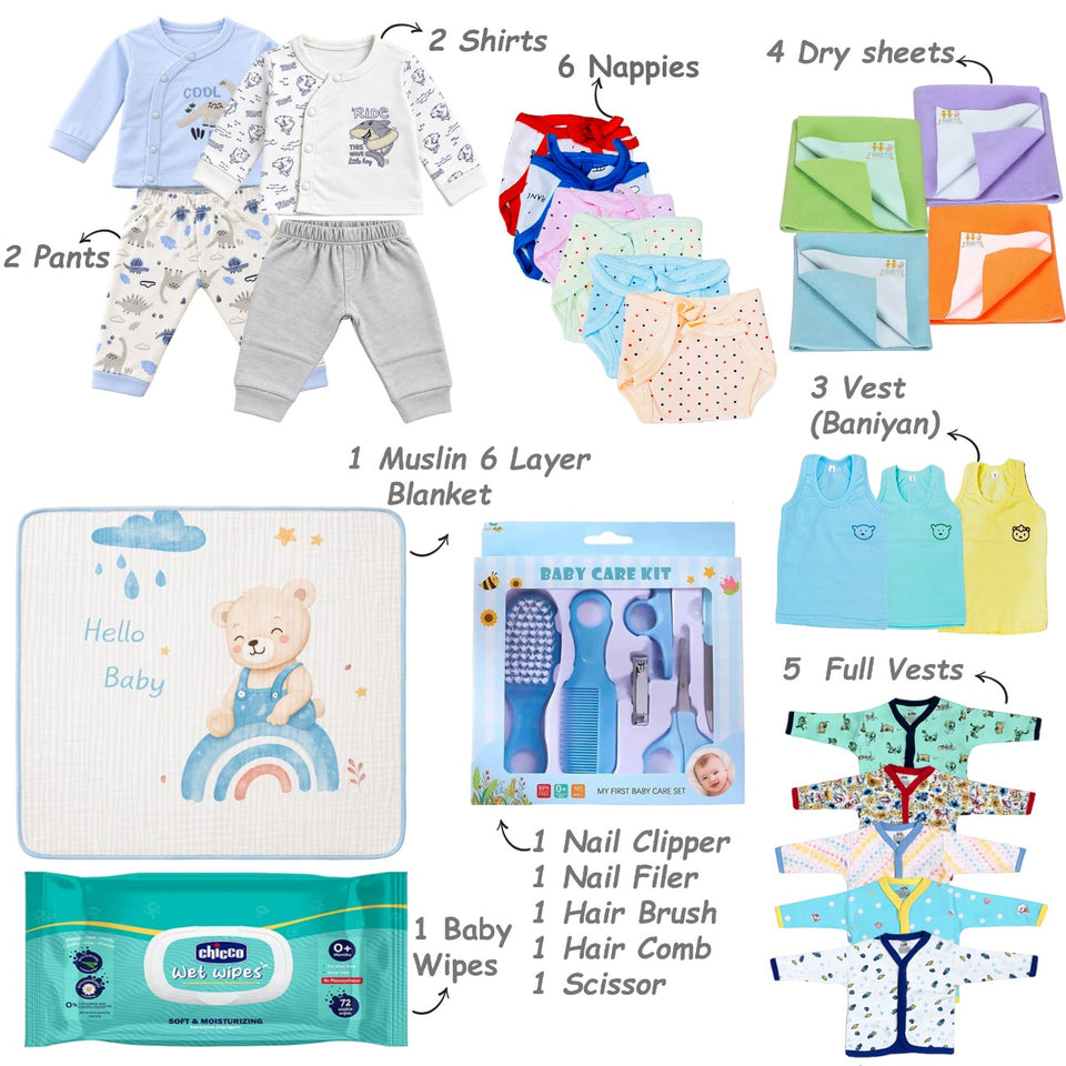 Fareto Premium Newborn Baby Essentials Combo – 92-in-1 All-Season Hospital & Maternity Gift Set, Bedding & Care Kit for 0–6 Months(F820)