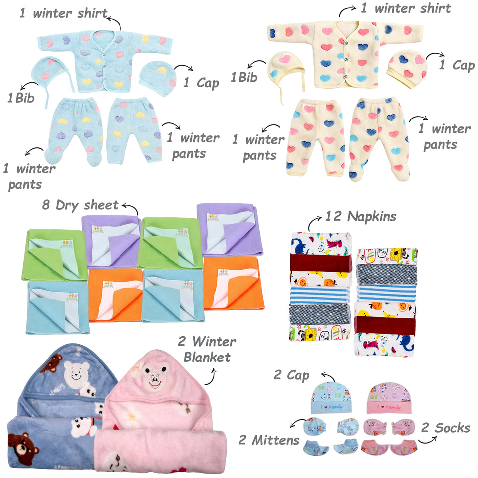 Fareto New Born Baby Twins Winter Essential Combo | 94 In 1  Items Gift Pack | Baby & Maternity Essentials | Bedding Set (0–6 Months)(F661)