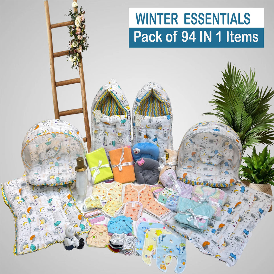 Fareto New Born Baby Twins Winter Essential Combo | 94 In 1  Items Gift Pack | Baby & Maternity Essentials | Bedding Set (0–6 Months)(F661)