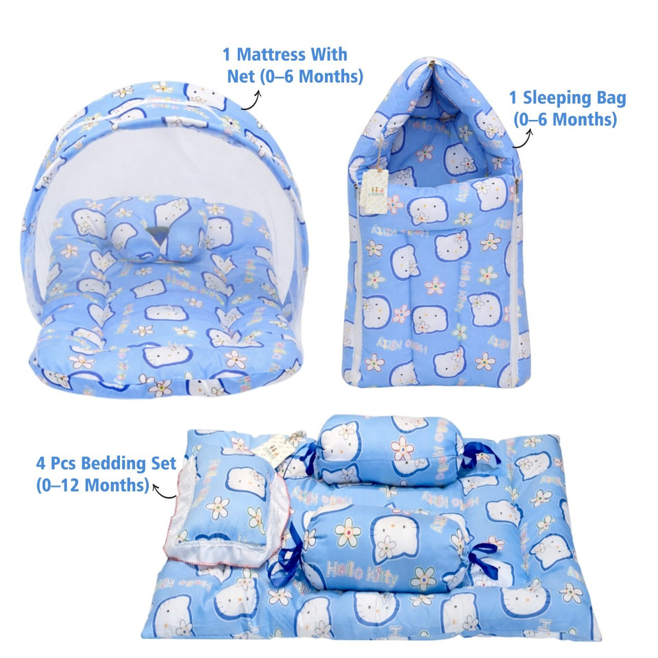 Fareto Combo of Baby Mattress with Net | Sleeping Bag | 4 Pcs Bedding Set(0-6 Months)(F159)