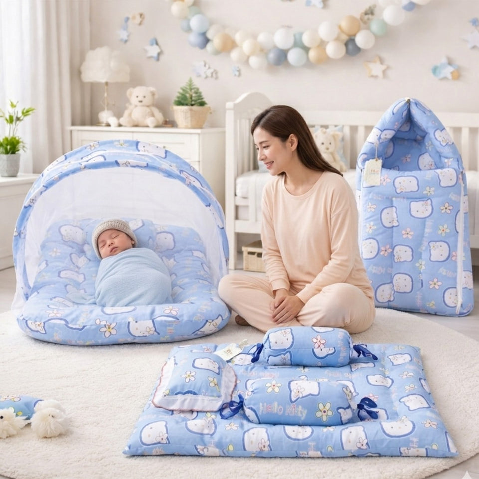 Fareto Combo of Baby Mattress with Net | Sleeping Bag | 4 Pcs Bedding Set(0-6 Months)(F159)