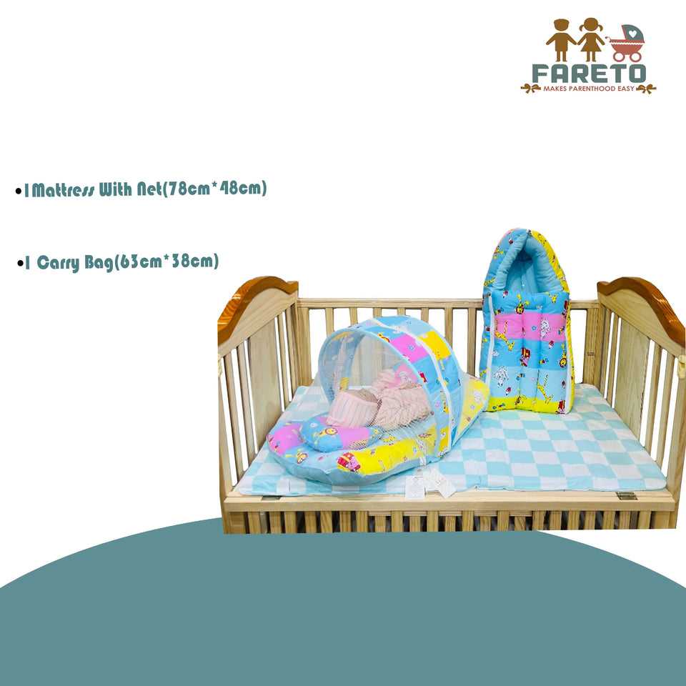 Fareto New Born Baby Premium Quality Mattress with Net & Sleeping Bag & Hand Carry bed(0- 6Months)(Giraffe)