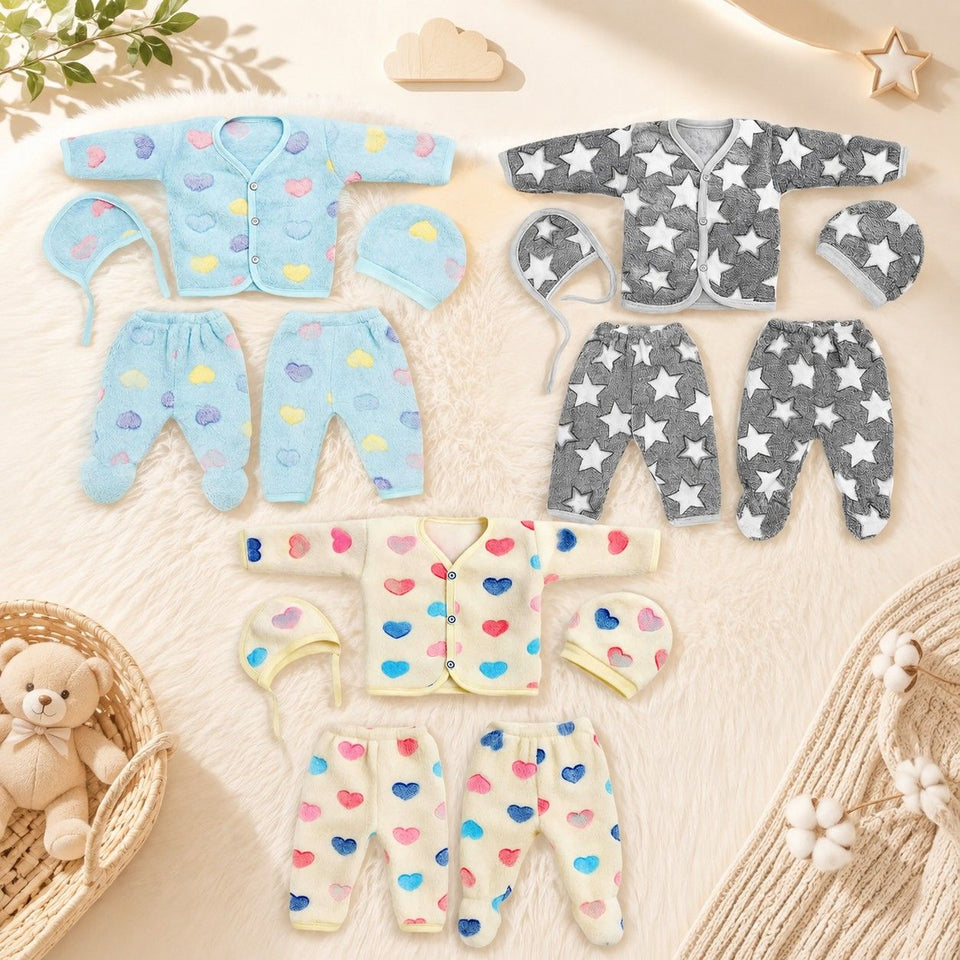 Fareto Newborn Baby Warm Winter Wear Clothes, 5 Pcs  Set Cotton Baby Boys Girls Unisex Baby  Flannel Suit, Infant Clothes, First Gift (Pack of 3)(0-3 Months)(F593)
