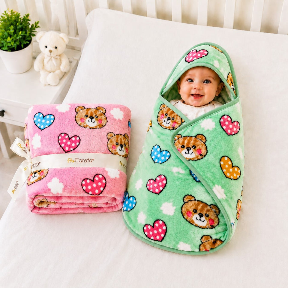 FARETO BABY KIDS SUPER SOFT PREMIUM QUALITY WINTER BLANKET ( PACK OF 2)(Size:75CM*60CM) (0-12 MONTHS)( Colours And Designs May Vary )(F394)