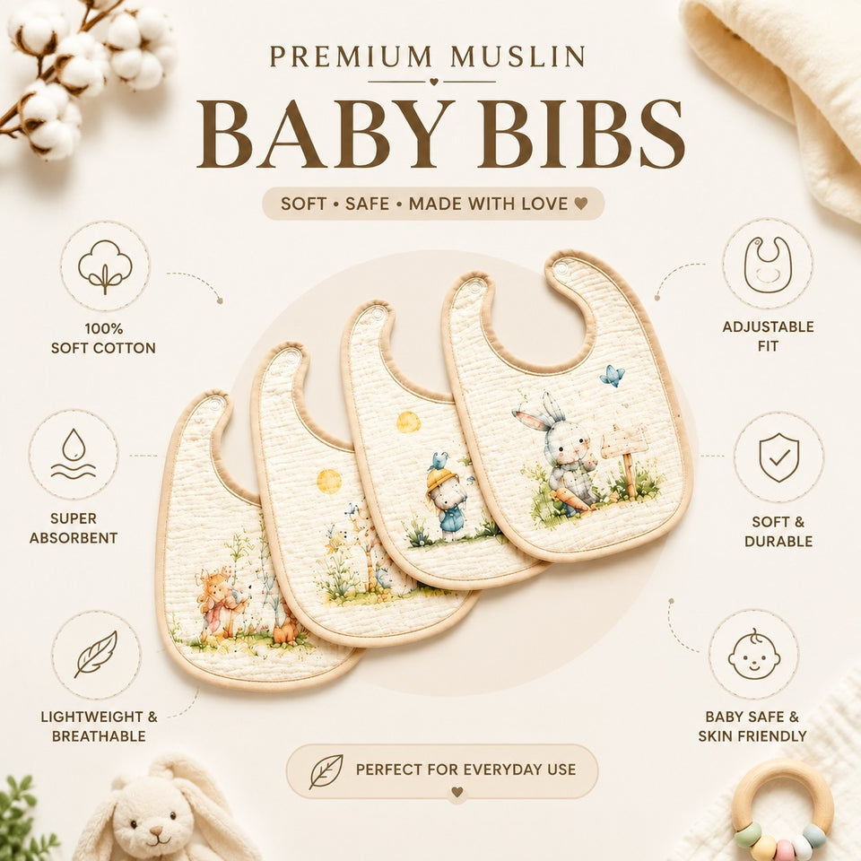 Fareto Premium Baby Bibs Pack of 4, Waterproof Soft Muslin Cotton Bibs with Cute Animal Prints, Absorbent Drool & Feeding Bibs for Newborn Boys & Girls(F788)