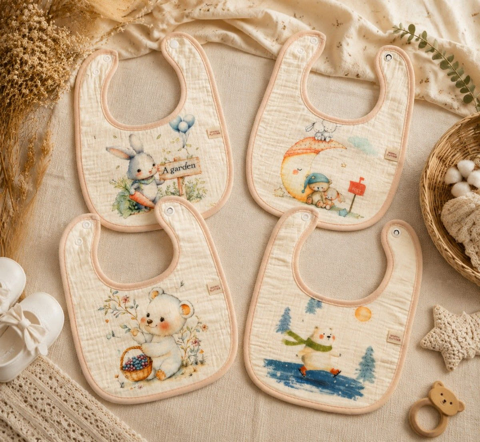 Fareto Premium Baby Bibs Pack of 4, Waterproof Soft Muslin Cotton Bibs with Cute Animal Prints, Absorbent Drool & Feeding Bibs for Newborn Boys & Girls(F788)