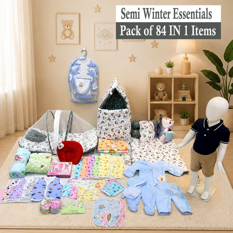 Fareto Baby Semi Winter Essential Combo For New Born | Gift Pack | Baby Products | Maternity Essentials | Bedding Set (84 Items)(0-6 Months)(F789)