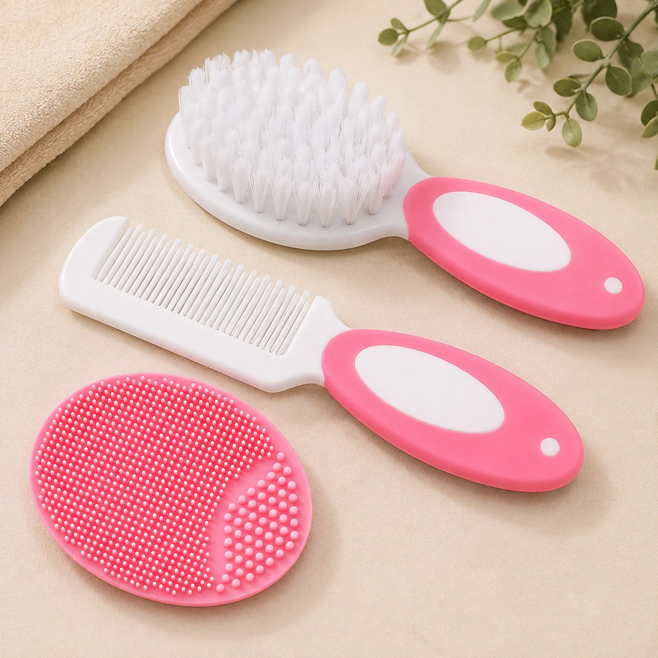 Fareto Baby Hair Brush, Comb & Silicone Cradle Cap Brush Set – Newborn Infant Grooming Kit with Soft Bristle Brush for Baby Hair Care and Scalp Massage(F792)