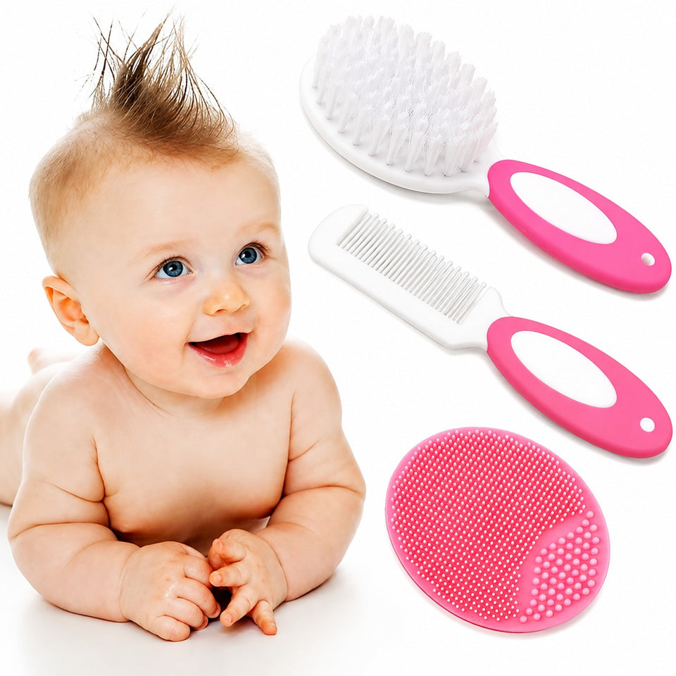 Fareto Baby Hair Brush, Comb & Silicone Cradle Cap Brush Set – Newborn Infant Grooming Kit with Soft Bristle Brush for Baby Hair Care and Scalp Massage(F792)