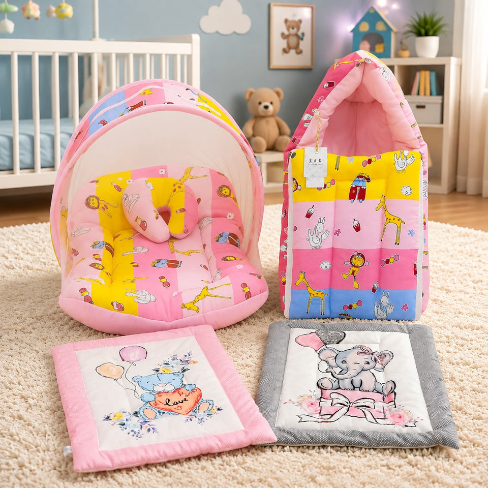 Fareto New Born Baby Premium Quality Mattress with Net & Sleeping Bag & Hand Carry bed(0- 6Months)(F504)(Giraffe)