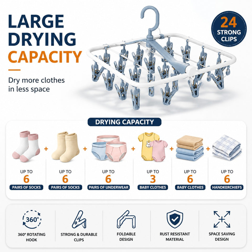 Fareto Premium Quality Portable Baby Essentials Cloths Hanger For | Nappies | Napkins | Dry Hanger (24 Clips)(Pack Of 1)(F403)