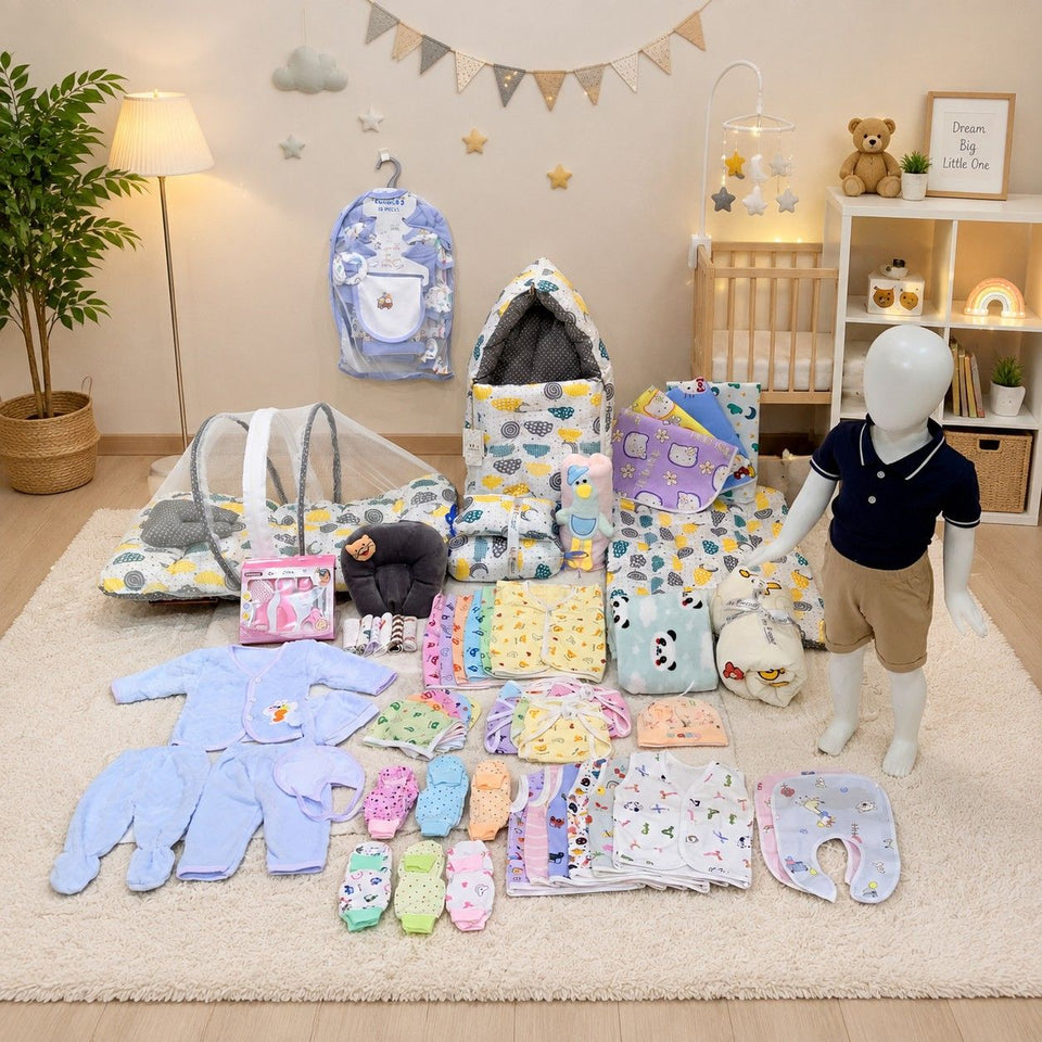 Fareto Baby Semi Winter Essential Combo For New Born | Gift Pack | Baby Products | Maternity Essentials | Bedding Set (82 Items)(0-6 Months)(F785)