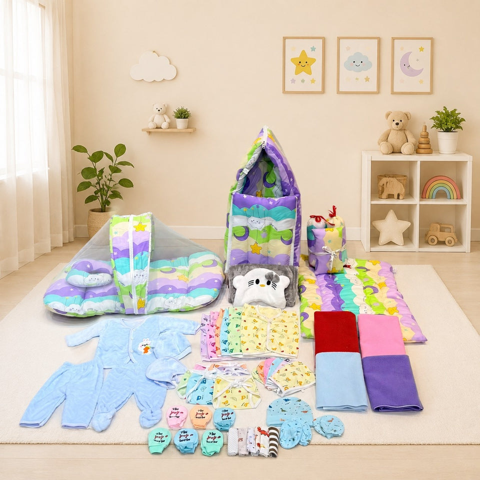 Fareto New Born Baby Monsoon Season Hospital Essentials 50 in 1 Baby Gift Set | Complete Newborn Essentials | 0-6 Months(F786)