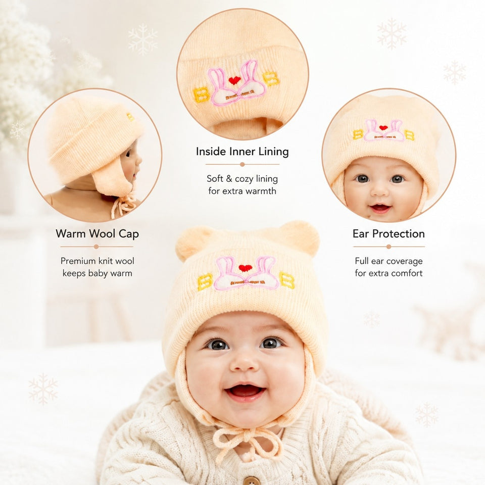 Fareto New Born Baby Super Warm Winter Wollen Cap (Pack of 3)(0-4 months) Colours and designs may vary(F459)