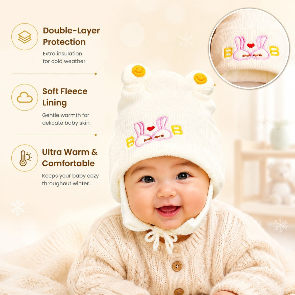 Fareto New Born Baby Super Warm Winter Wollen Cap (Pack of 3)(0-4 months) Colours and designs may vary(F459)