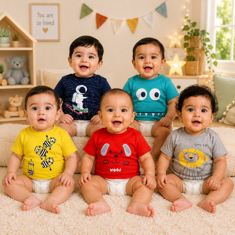 Fareto Baby Boy's & Baby Girl's Half Sleeves T-Shirt | Daily Wear T-Shirts(Touch button)(Pack of 5)(F132)
