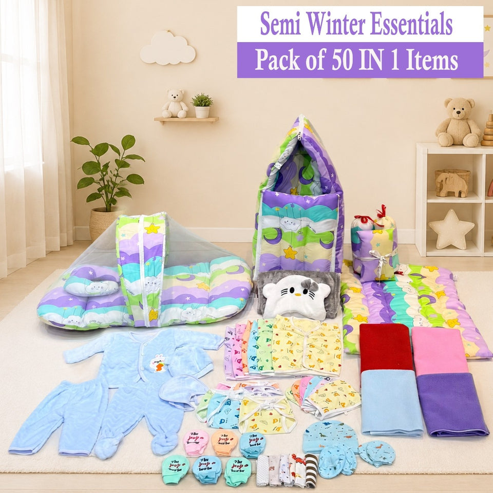 Fareto Baby Semi Winter Essential Combo For New Born | Gift Pack | Baby Products | Maternity Essentials | Bedding Set (50 Items)(0-6 Months)(F786)