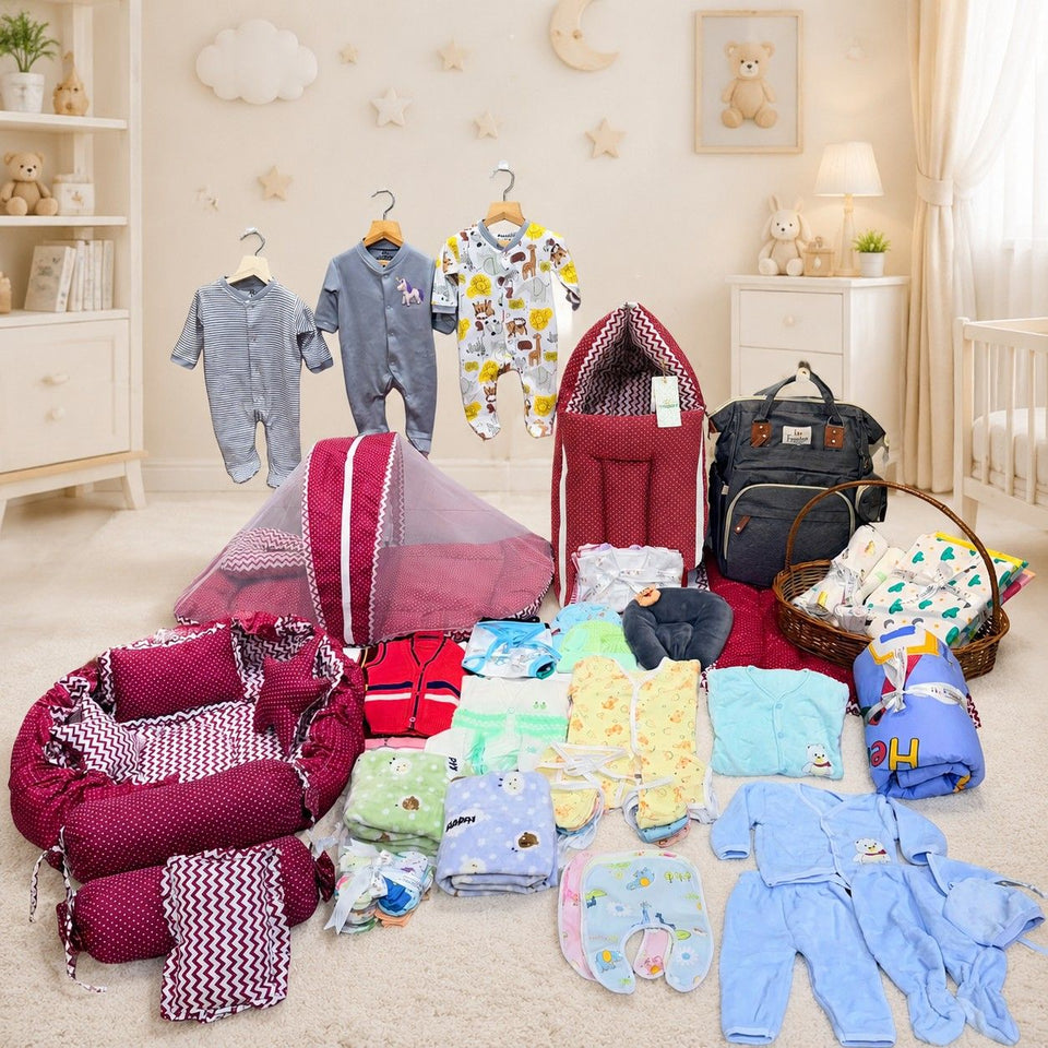 Fareto Premium Newborn Baby Hospital Winter Essentials Combo | 100 in 1  Baby Gift Pack | Maternity Essentials & Bedding Set | 0–6 Months(Red polka)(F436)